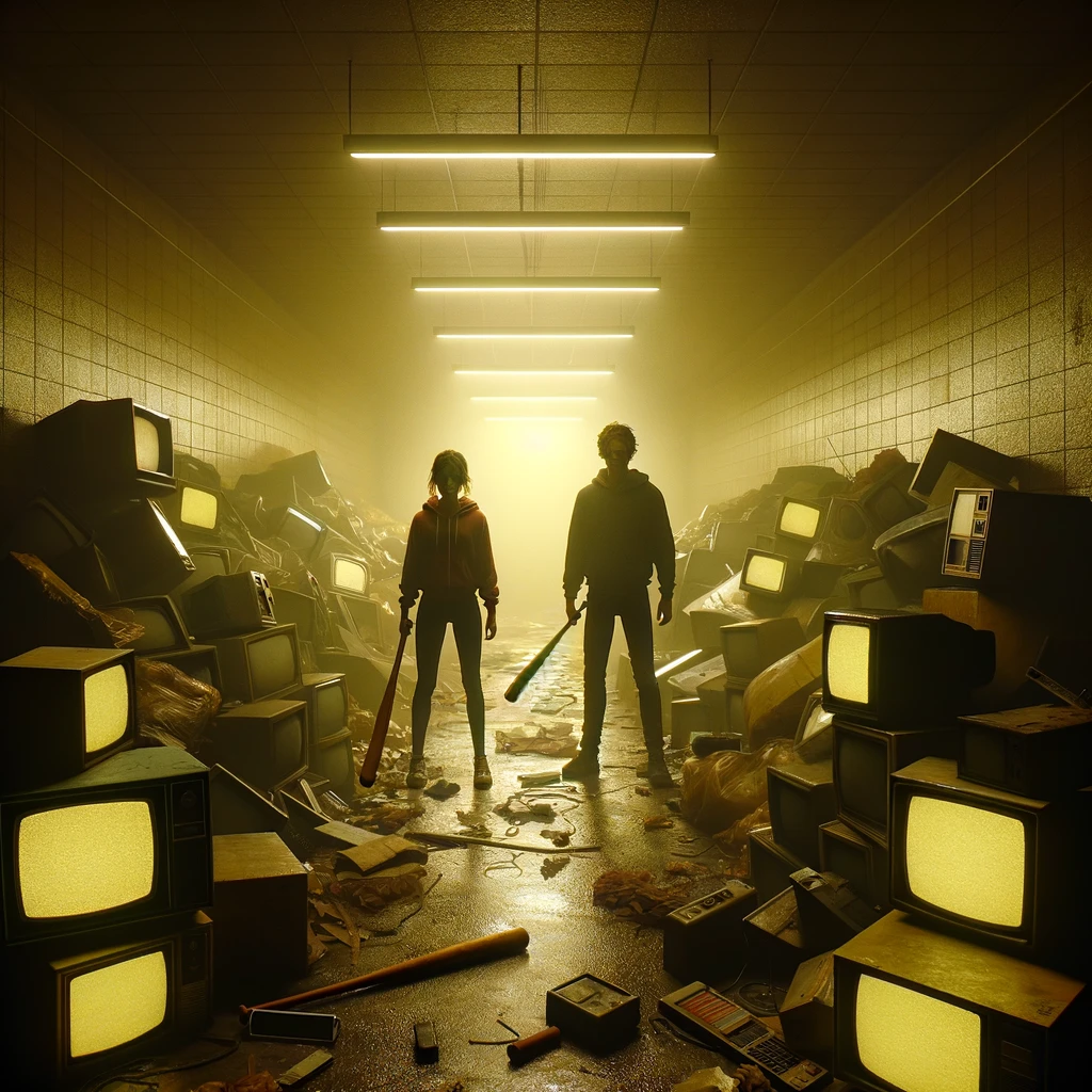 DALL·E 2024-03-11 11.37.24 – Visualize the same two individuals from the previous scene, now positioned in the eerie, endless maze of the backrooms. The walls are a monotonous yel